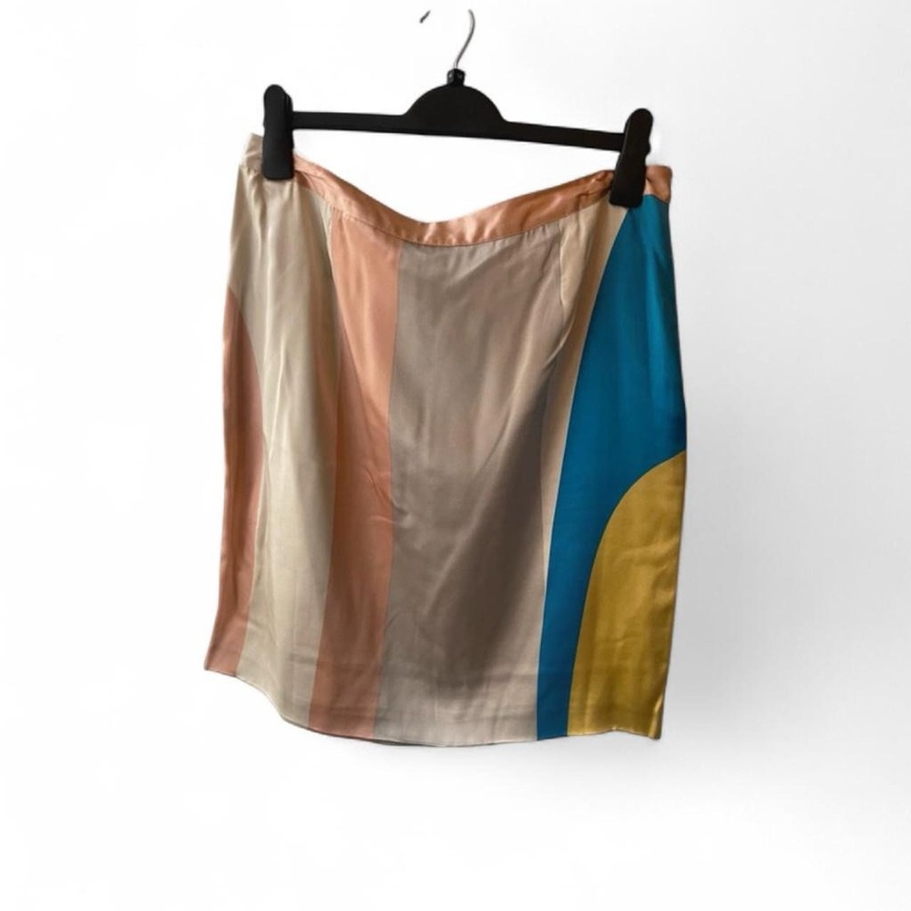 Pied à Terre Colorblock Satin Midi Skirt in Peach, Cream & Blue- US 10